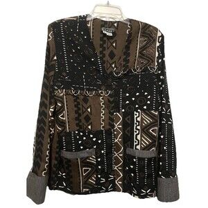 Vintage Faith Rayon Button Down Mudcloth Inspired Geometric Blouse Beaded Medium